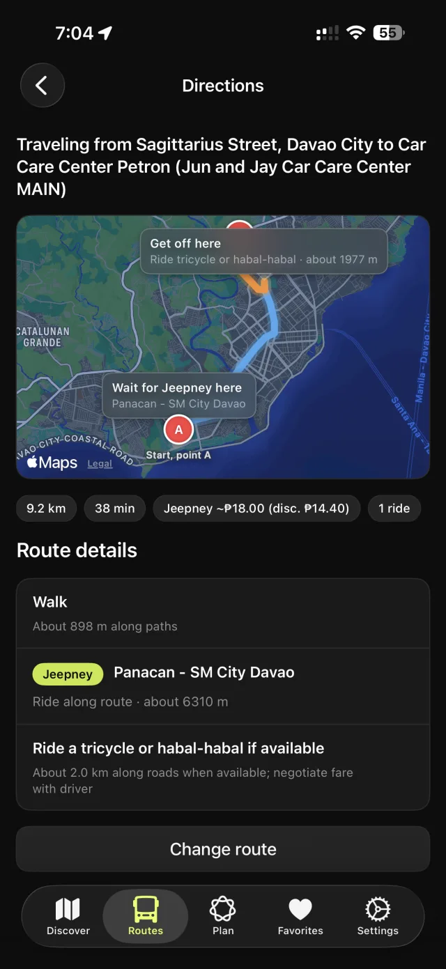 Directions with map and step-by-step stops